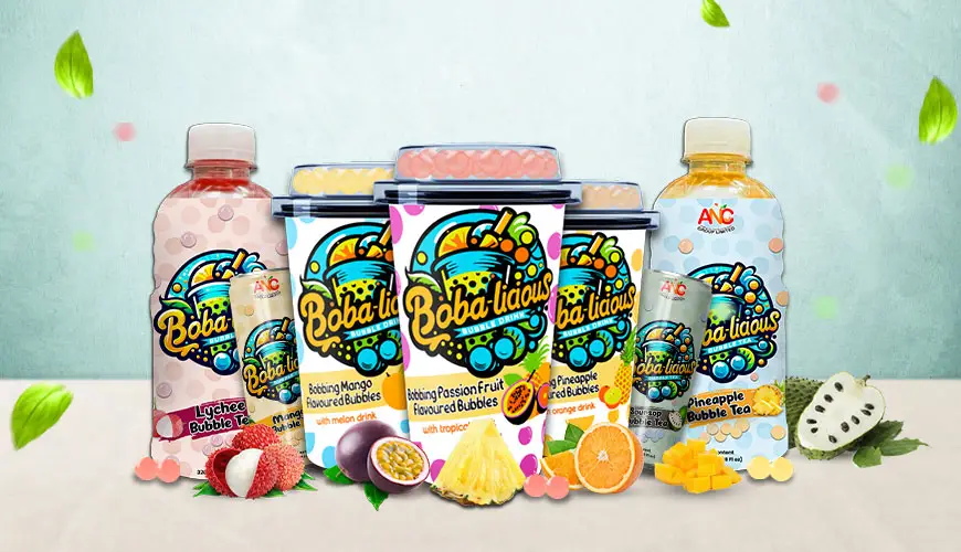 Colorful display of Bobalicious bubble teas and popping bubbles .